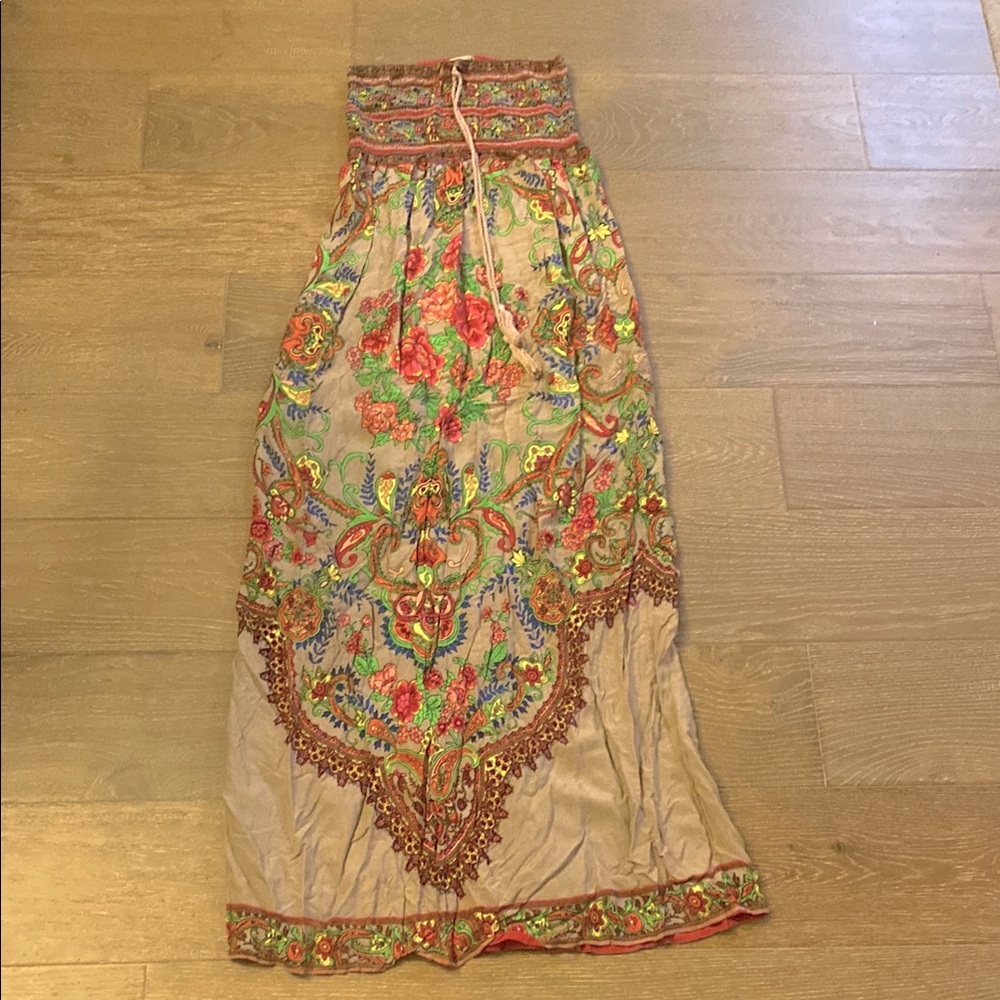 Anthropologie Boho Beige Maxi Dress with Multicolor Floral Size Medium